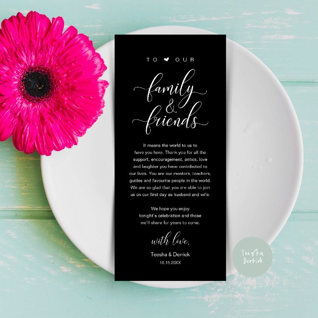 Cartão de Mesa de Agradecimento de Casamento com C (Elegant Calligraphy Wedding Dinner Bridal Shower Thank You Table Card in Classy Black)