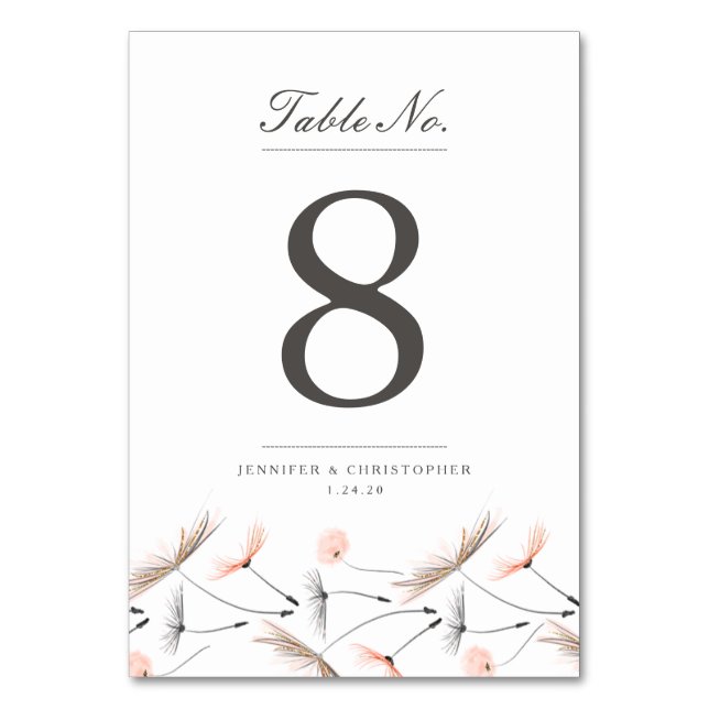 Cartão de Mesa de Casamento Dandelion Peach Waterc (Frente)