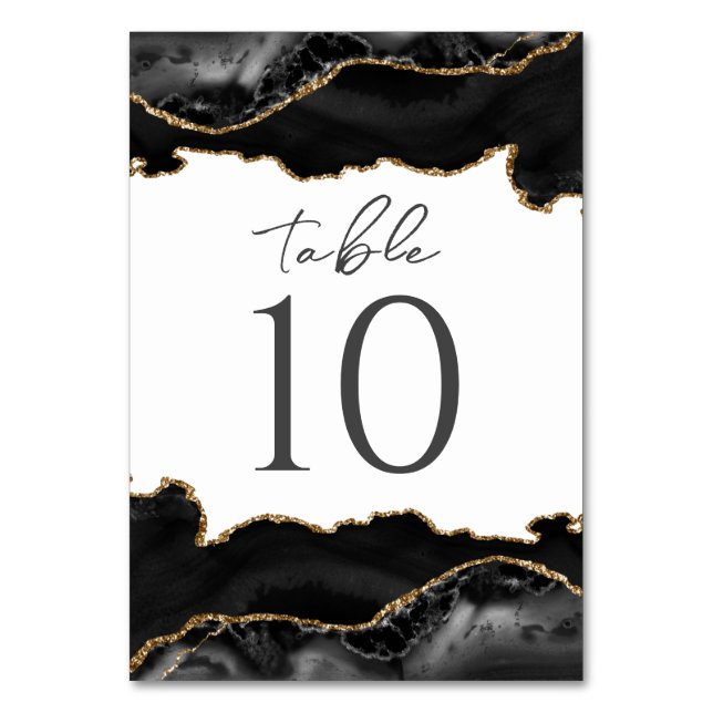 Cartão de Mesa de Casamento de Agato Preto e Doura (Frente)
