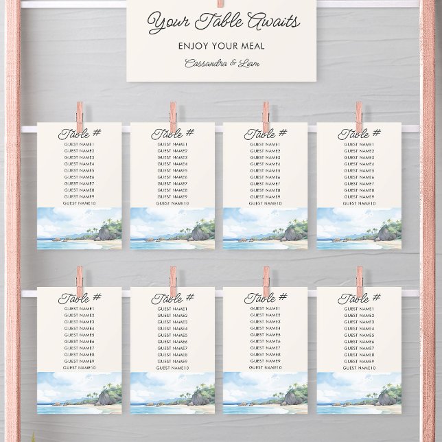 Cartão de Mesa de Casamento de Caserna de Praia Su (Wedding Table Seating Chart Cards from the Summer Beach Wedding Collection by Darling & May)