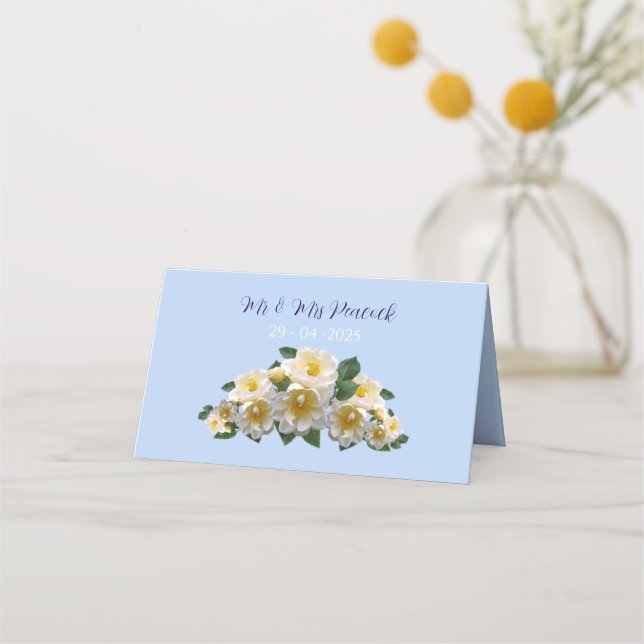 Cartão de mesa de casamento do tema floral azul (Verso)