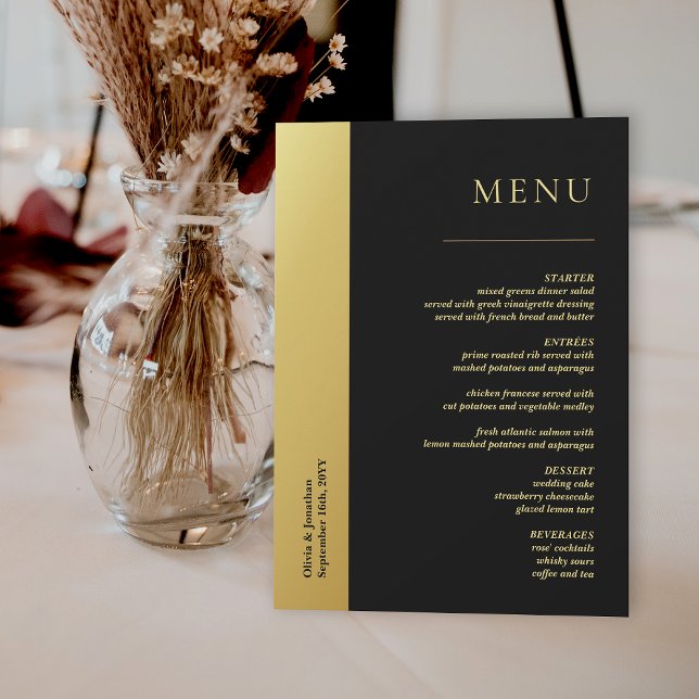 Cartão de Mesa de Casamento Dourado Chic Black and (Chic Black and Shiny Gold Wedding Table Menu Card)