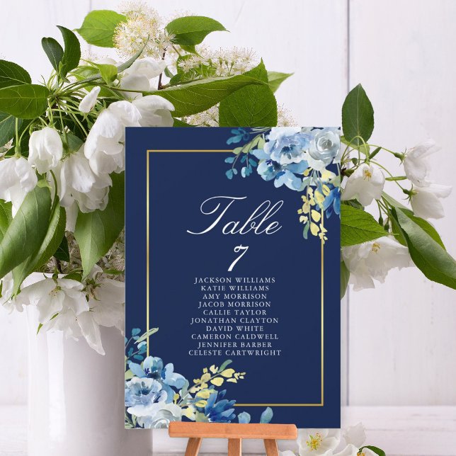 Cartão de Mesa de Casamento Floral Dourado Azul ma (Criador carregado)