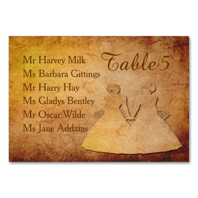 Cartão de Mesa de Casamento Lésbica de Textura Vin (Verso)