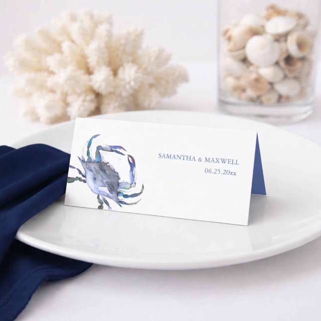 Cartão de Mesa de Casamento na Praia com Caranguej (Crab place cards in shades of blue watercolor art by Victoria Grigaliunas Do Tell A Belle)
