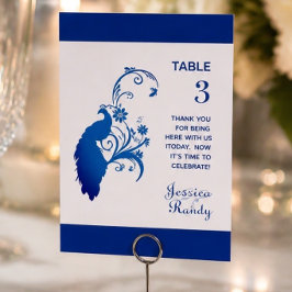 Cartão de Mesa de Casamento Pavão Azul Elegante