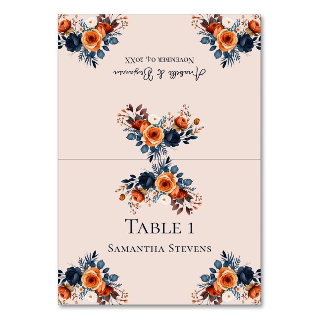 Cartão de Mesa de Corte de Casamento Azul e Laranj (Frente)
