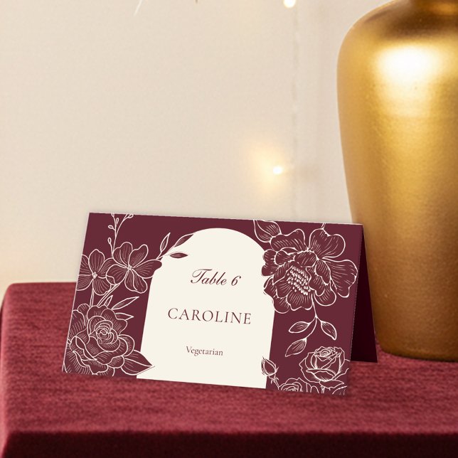 Cartão De Mesa Deep Burgundy Floral Meal Choice Wedding Table (Deep Burgundy Floral Line Art with Ivory Arch Wedding Table Place Card with Meal Choice)