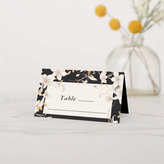 Cartão De Mesa Design da Flor Branca Elegante no Casamento Negro (Frente)