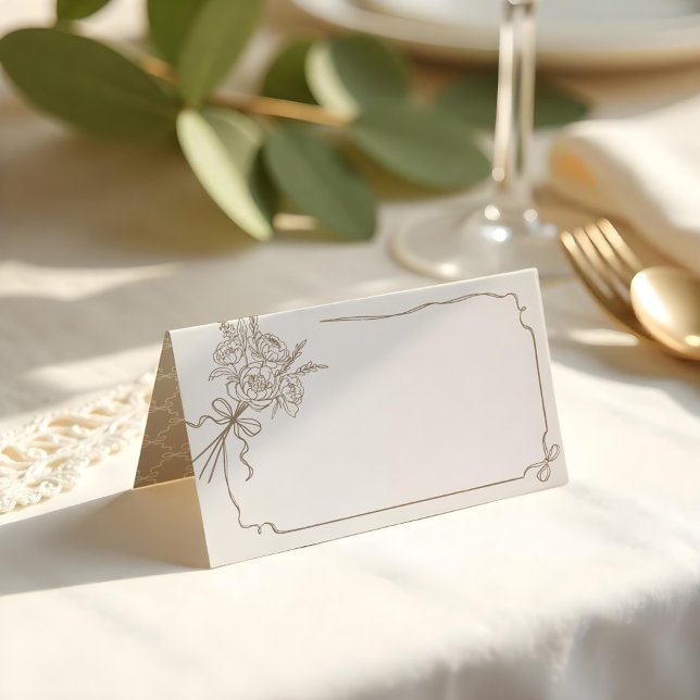 Cartão De Mesa Detalhes do casamento Arco desenhado à mão e Buquê (Wedding Details Hand Drawn Bow & Ribbon Bouquet Place Card)