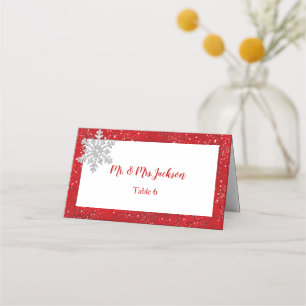 Cartão De Mesa Diamond Sparkle Silver Snowflake Red Satin