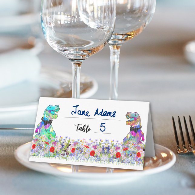Cartão De Mesa Dinosaur Theme Gay Wedding Wildflower (Dinosaur 2 grooms wildflower gay wedding name Place cards Colorful T-Rex dino Jurassic wedding)