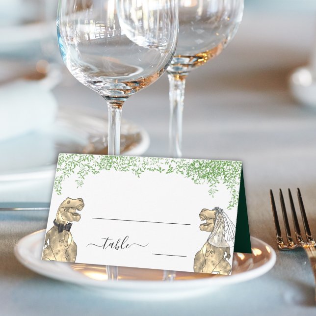 Cartão De Mesa Dinosaur Theme Wedding Guest Name (Green Dinosaur wedding table name place cards Funny T-Rex dino bride & groom eucalyptus foliage)