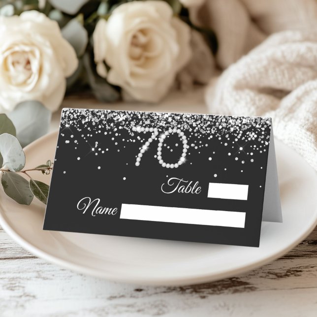 Cartão de Mesa do Aniversário de 70 anos da Elegan (Silver Diamonds 70th Birthday Party decor place card)