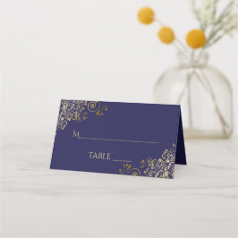 Cartão De Mesa Dourada Lacy Filigree em Marinho Blue Wedding Writ