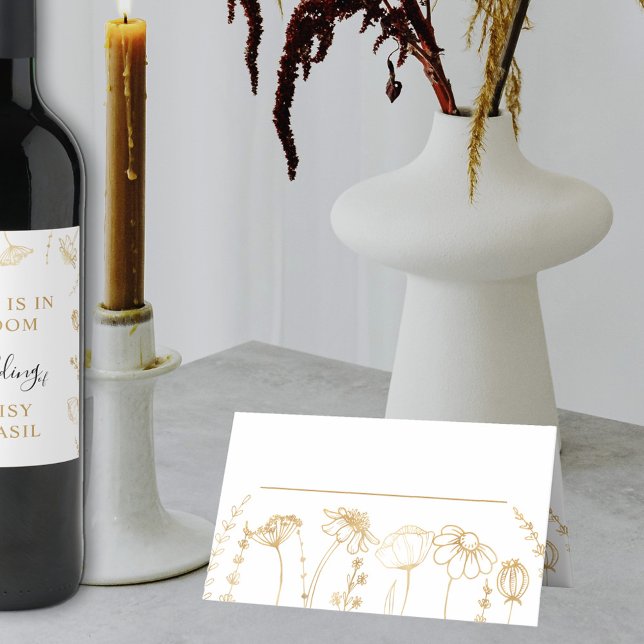 Cartão De Mesa Dourado Desenho de Flor Simples Floral (Wedding Table Place Card in White & Gold, from my Wildflower Sketch collection)
