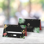 Cartão De Mesa Dourado preto Bat Mitzvah Tropical Watercolor<br><div class="desc">Nenhuma festa do Bat Mitzvah está completa sem cartões de lugar personalizados. Deixe o seu Bat Mitzvah favorito se orgulhar, se regozijar e celebrar seu marco em seu partido perfeitamente coordenado. Na moda, atordoante, colorida, ave aquática tropical de flores paraíso, estrela de ouro falso de David e pontos brilhantes, juntamente...</div>