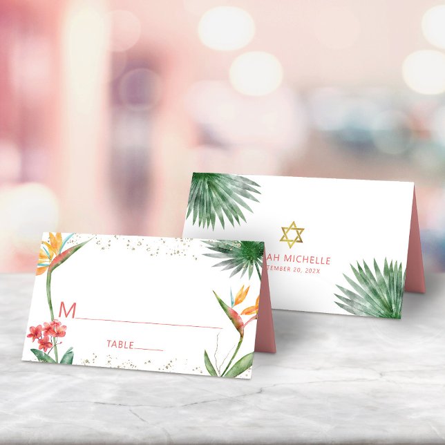Cartão De Mesa Dourado Rosa Bat Mitzvah Tropical Watercolor (Criador carregado)