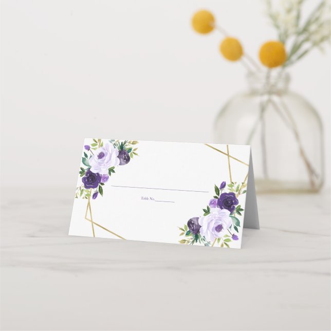 Cartão De Mesa Dourado Roxo Geométrico Floral Aquarela (Frente)