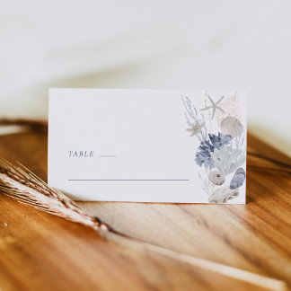 Cartão De Mesa Dusty Blue Coastal Shell Wedding Place Card Side