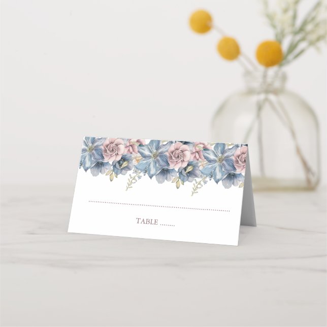 Cartão De Mesa Dusty Blue e Mauve Floral Place Card (Frente)