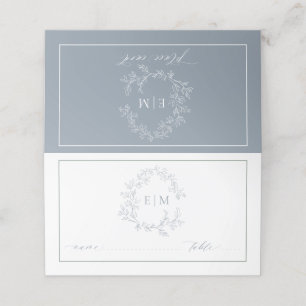 Cartão De Mesa Dusty Blue Leafy Crest Monograma Casamento