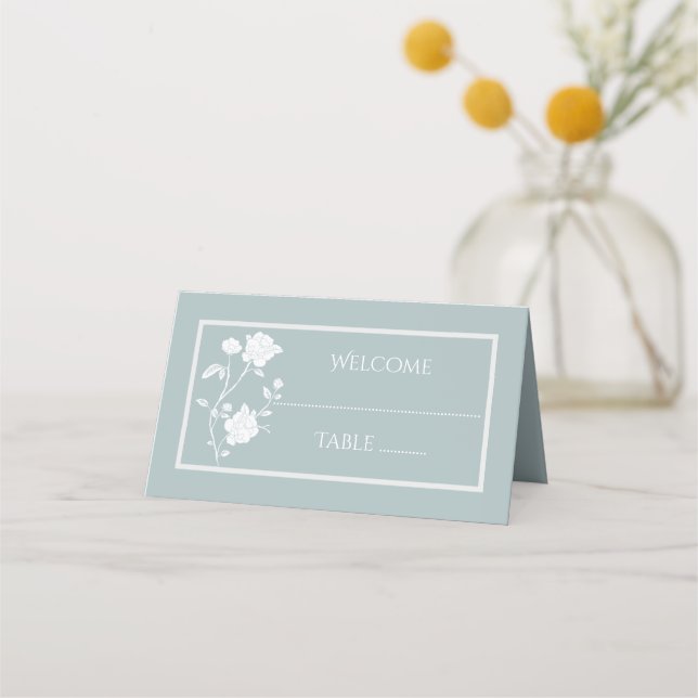Cartão De Mesa Dusty Blue Rose Reception Place Card (Frente)