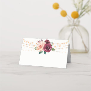 Cartão De Mesa Dusty Rosa Burgundy Floral String Luzes Casamento
