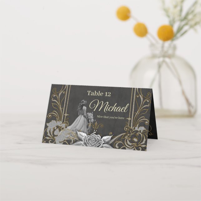 Cartão De Mesa Elegância em prata e preto. (Frente)