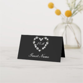 Cartão De Mesa Elegant Black Floral Heart Wedding Place Card