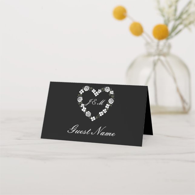 Cartão De Mesa Elegant Black Floral Heart Wedding Place Card (Frente)