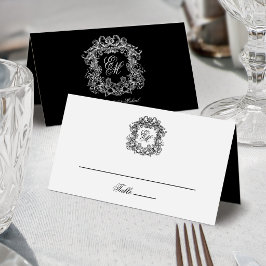 Cartão De Mesa Elegant Black White Monogram Crest Vintage Wedding