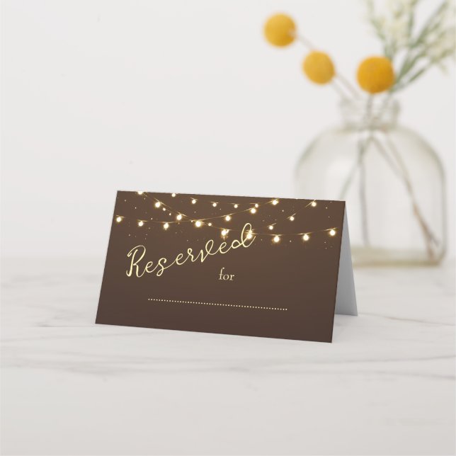 Cartão De Mesa Elegant Brown & Gold String Lights Wedding (Frente)