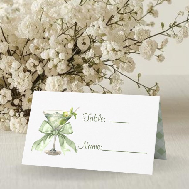 Cartão De Mesa Elegant Coquette Martini Sage Green Baby Shower  (A tini One Coquette Martini Sage Green Baby Shower Place card)