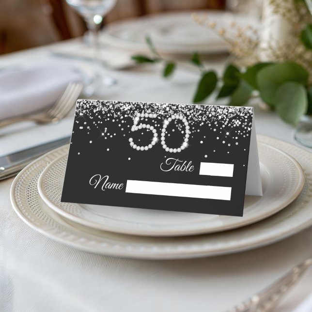 Cartão De Mesa Elegant Diamonds 50th Birthday Party Place Card (Black and silver 50th Birthday party place card)