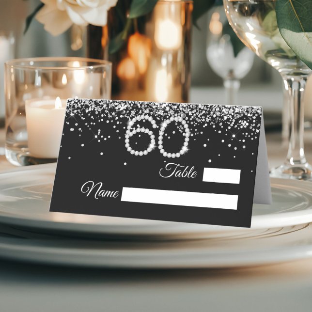 Cartão De Mesa Elegant Diamonds 60th Birthday Party Place Card (Black and silver 60th Birthday party place card)