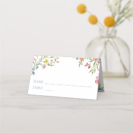 Cartão De Mesa Elegant Dusty Blue Pastel Wildflower Crest Wedding