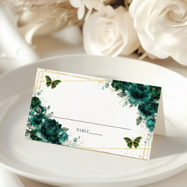 Cartão De Mesa Elegant Emerald Green Floral Butterflies Wedding 