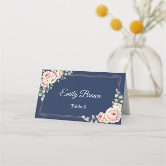 Cartão De Mesa Elegant Navy Blue Watercolor Floral Wedding