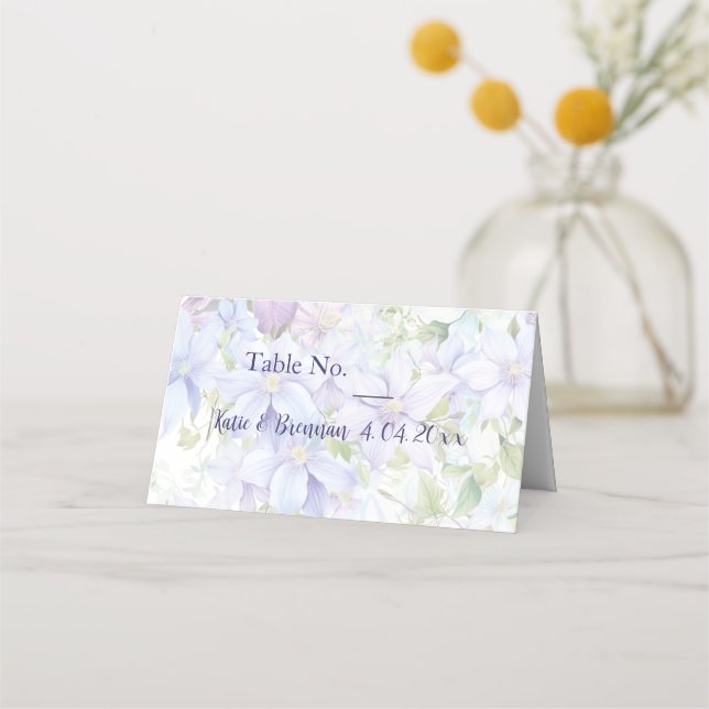 Cartão De Mesa Elegant Periwinkle Clematis Wedding (Frente)