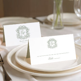 Cartão De Mesa Elegant Sage Green Vintage Crest Monogram Wedding