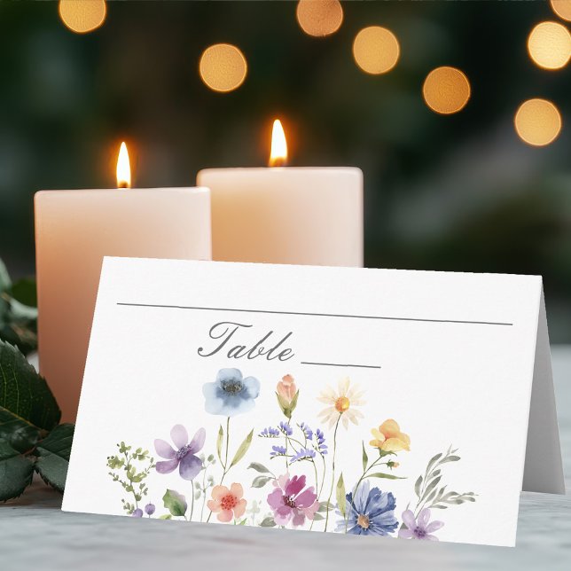 Cartão De Mesa Elegant Watercolor Wildflowers Spring Wedding (Criador carregado)