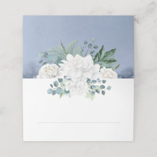 Cartão De Mesa Elegante Azul-Dusta-Flor Branco