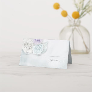 Cartão De Mesa Elegante branco romeno de gelo - Rosas azuis e lil