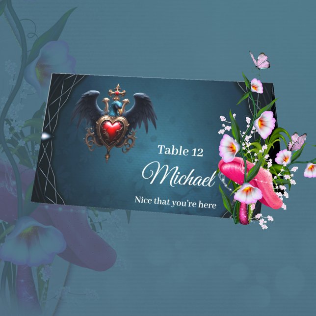 Cartão De Mesa Elegante coração gótico com pássaro fantasma. (Criador carregado)