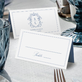 Cartão De Mesa Elegante Crista Monograma Barroco Azul Casamento