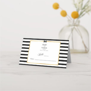 Cartão De Mesa Elegante Faixa Preta e Branca Quadro Dourado Casam