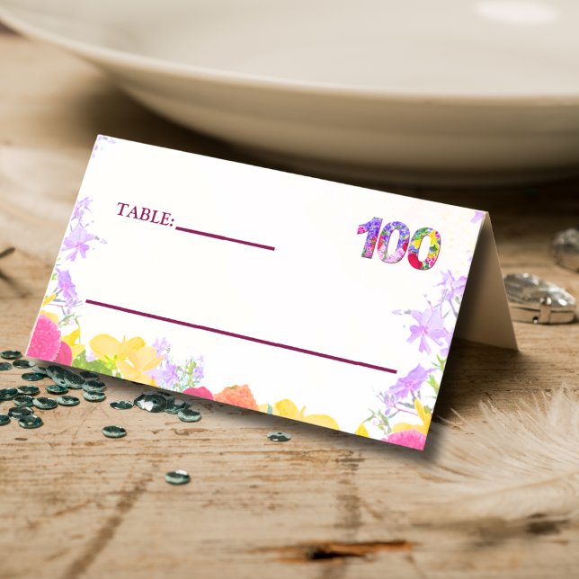 Cartão De Mesa Elegante Floral 100ª Festa de aniversário / 100 An (Criador carregado)