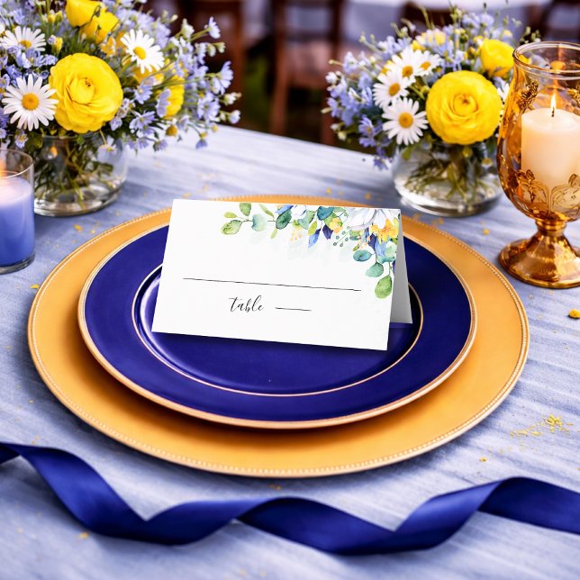 Cartão De Mesa Elegante floral em aquarela amarela e azul para ca (Criador carregado)