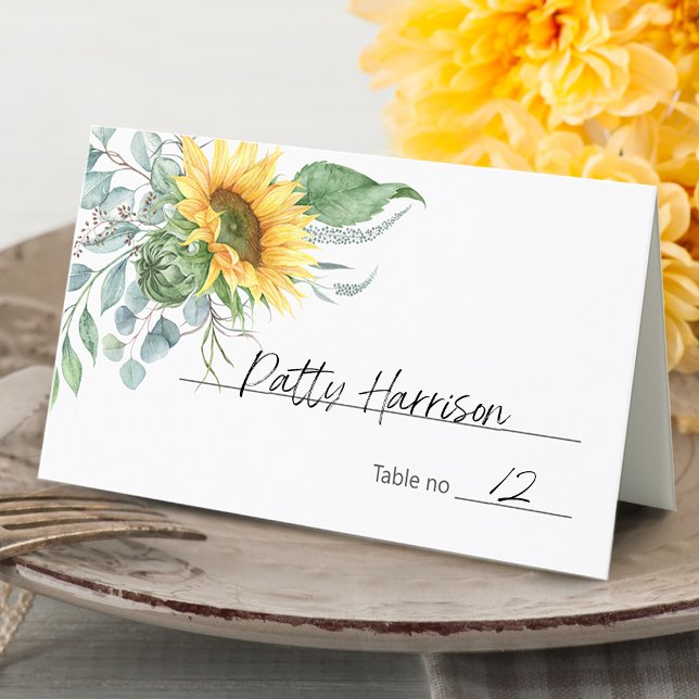 Cartão De Mesa Elegante girassol Eucalyptus Greenery (Elegant Sunflower Eucalyptus Greenery Place Card)